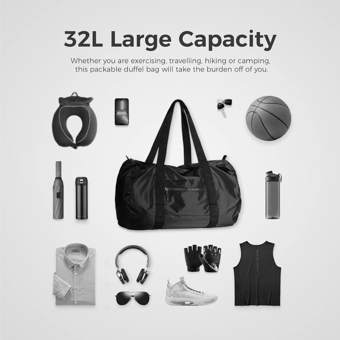 pack all Lightweight Travel Duffel Bag, Water-Resistant Sports Gym Bag, 32L Foldable Weekender Bag for Fitness, Hiking and Camping (Black)