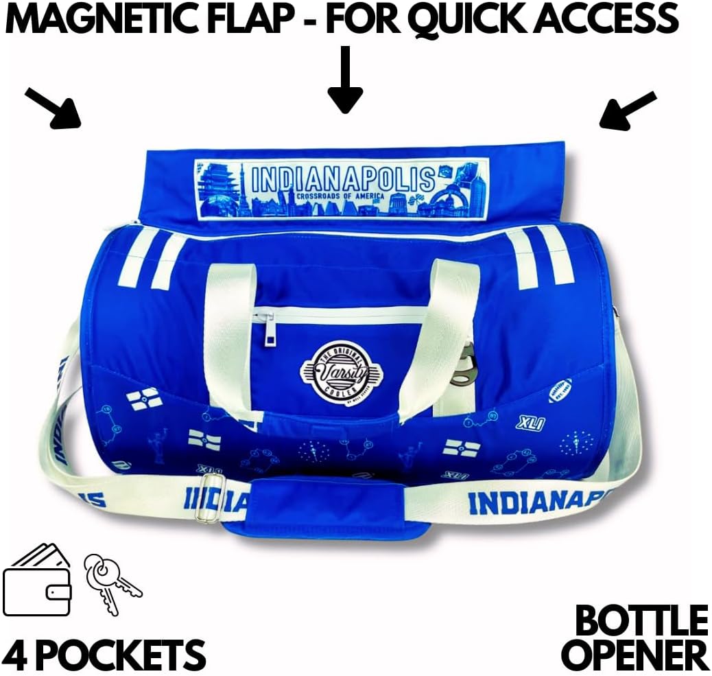 Varsity Cooler Indianapolis Travel Party Duffel & Cooler–30 Can Leakproof Insulated Tote Bag, Waterproof Soft compartment for Tailgating, Golf, Beach, Carry-On Luggage & Outdoor Sports