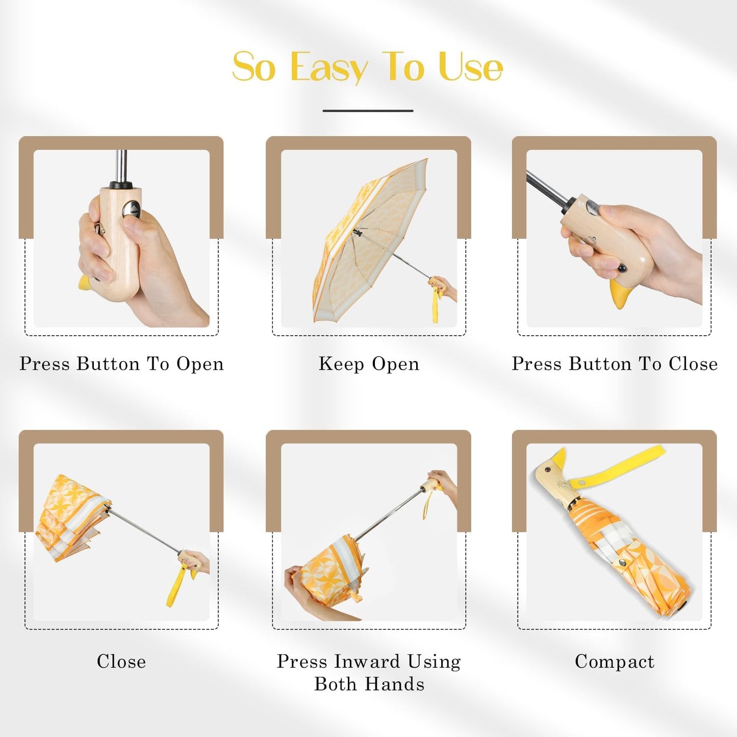 Cute Duck Umbrella Automatic - Compact Pretty Pocket Size Strong Duck Collapsible Umbrella Yellow Wooden Handle for Women