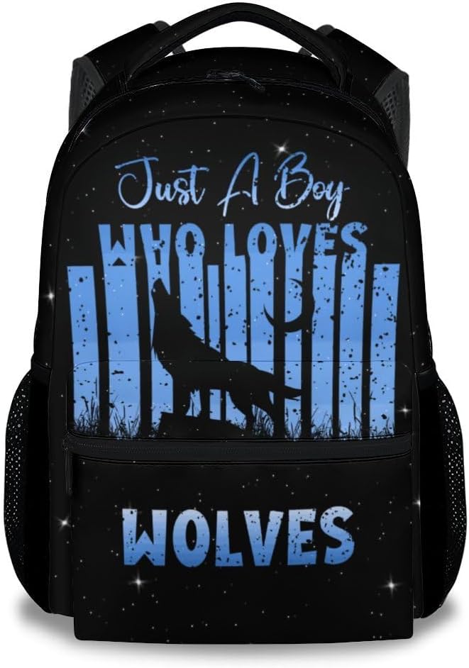 UNIKITTY Kids Backpack for Boys, Wolf Backpack for Elementary Middle School, Black Cool Large Capacity Bookbag with Adjustable Straps, 17" School Backpack for Kids Students