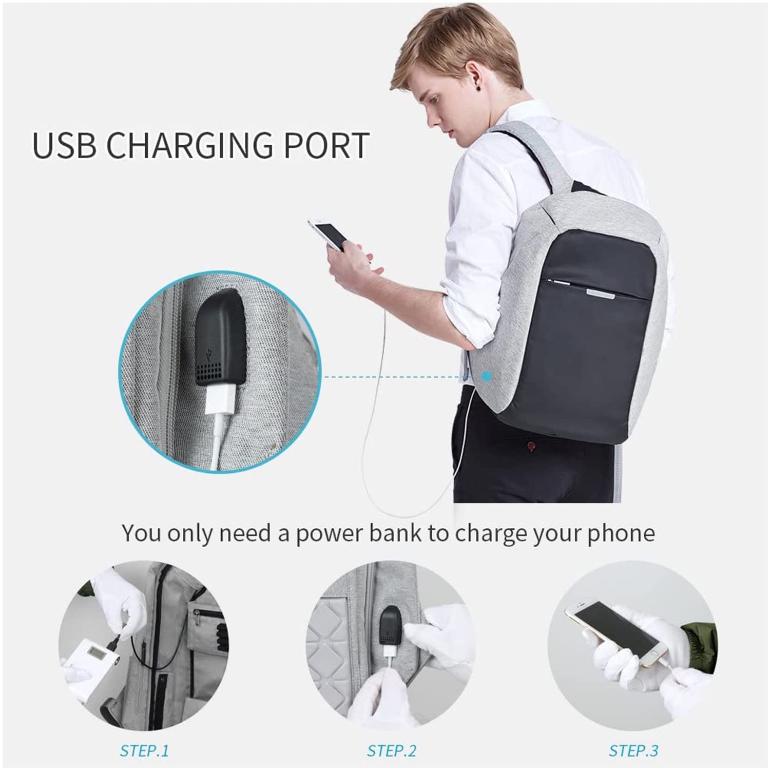 oscaurt Anti Theft Backpack 15.6 Inch Laptop Travel Backpack with Hidden Zipper and USB Charging