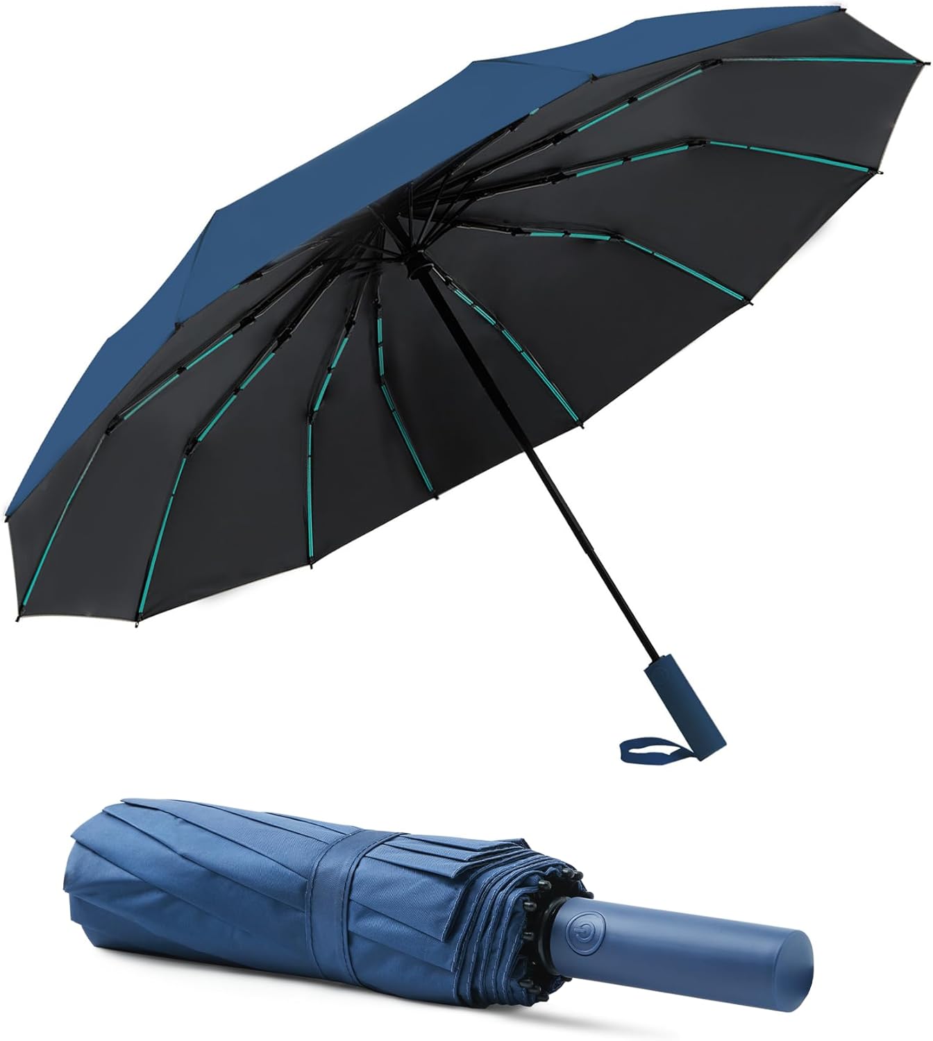 Large Double-Ribs Umbrella Automatic Folding Umbrella for Women Men, Travel, UPF 50+ UV Protection,46-Inch, 12 Ribs, Light Green