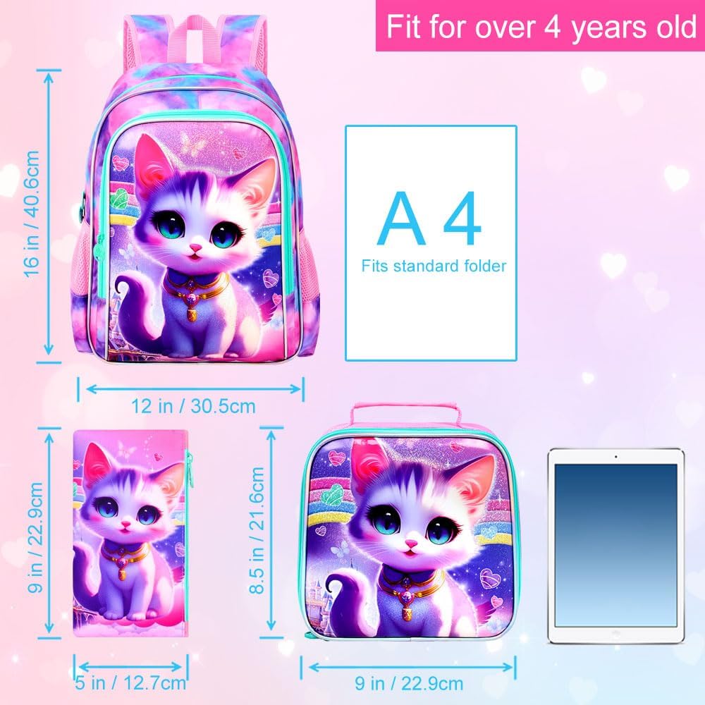 3PCS Girls Cat Backpack, Water Resistant Kids Bookbag Set with Lunch Box, Cute School Bag for