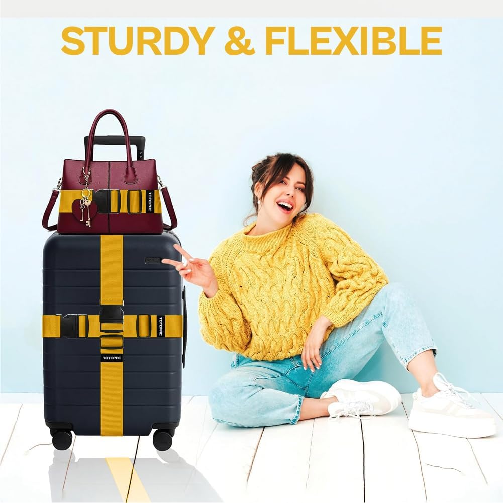 4 Pack Luggage Straps, Adjustable Suitcase Belts 72" x 2" with Quick Release Buckle, Durable Travel Accessories for Secure Luggage and Easy Identification (Yellow)