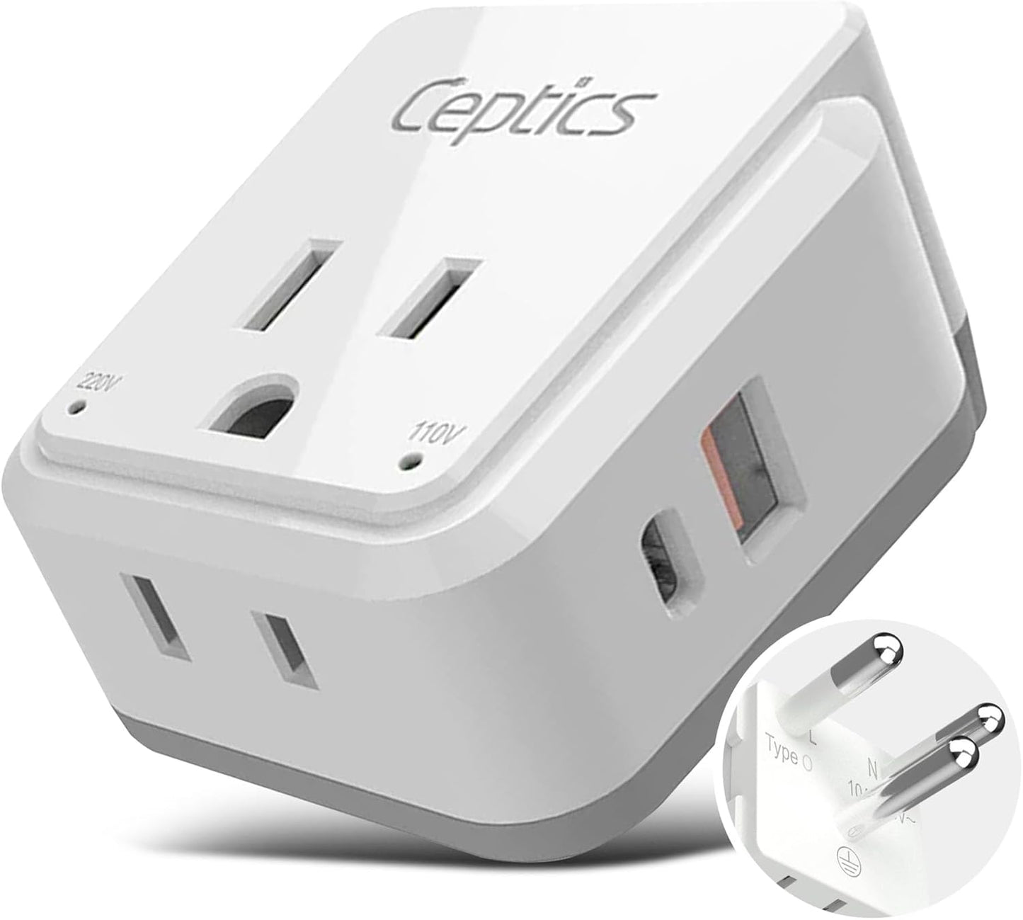Ceptics Thailand Travel Adapter Set, PAK KIT 20W PD & QC, Type O - 3.1A - 4 in 1-2 USA Inputs, 1 USB Port, 1 USB-C Port - Compact, Powerful - Includes Type O Swadapt Attachments