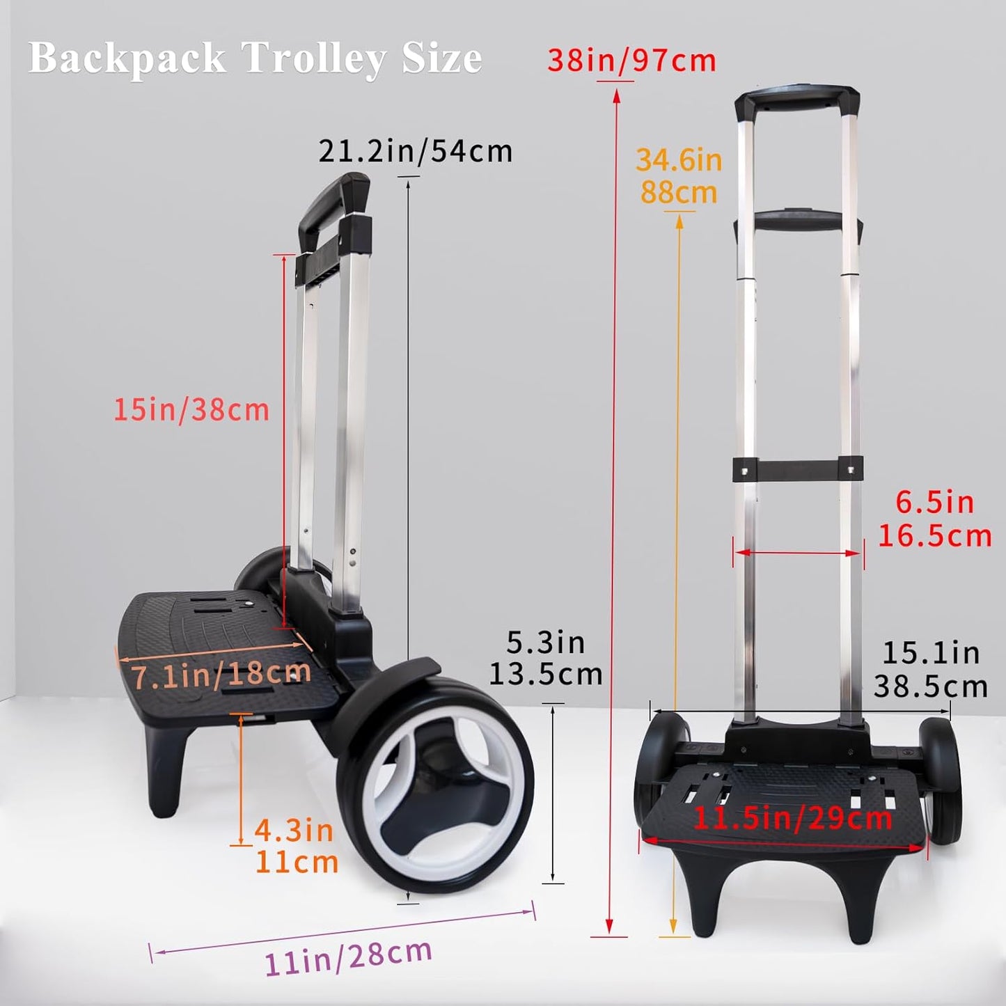 Rolling Backpack Trolley Cart with Stair-Climbing Quiet Wheels,Foldable Aluminum Frame,Adjustable Handle,Large 77 lbs Capacity–Fits Travel Bags,Book Bags,Shopping–Black,No Edge Guard