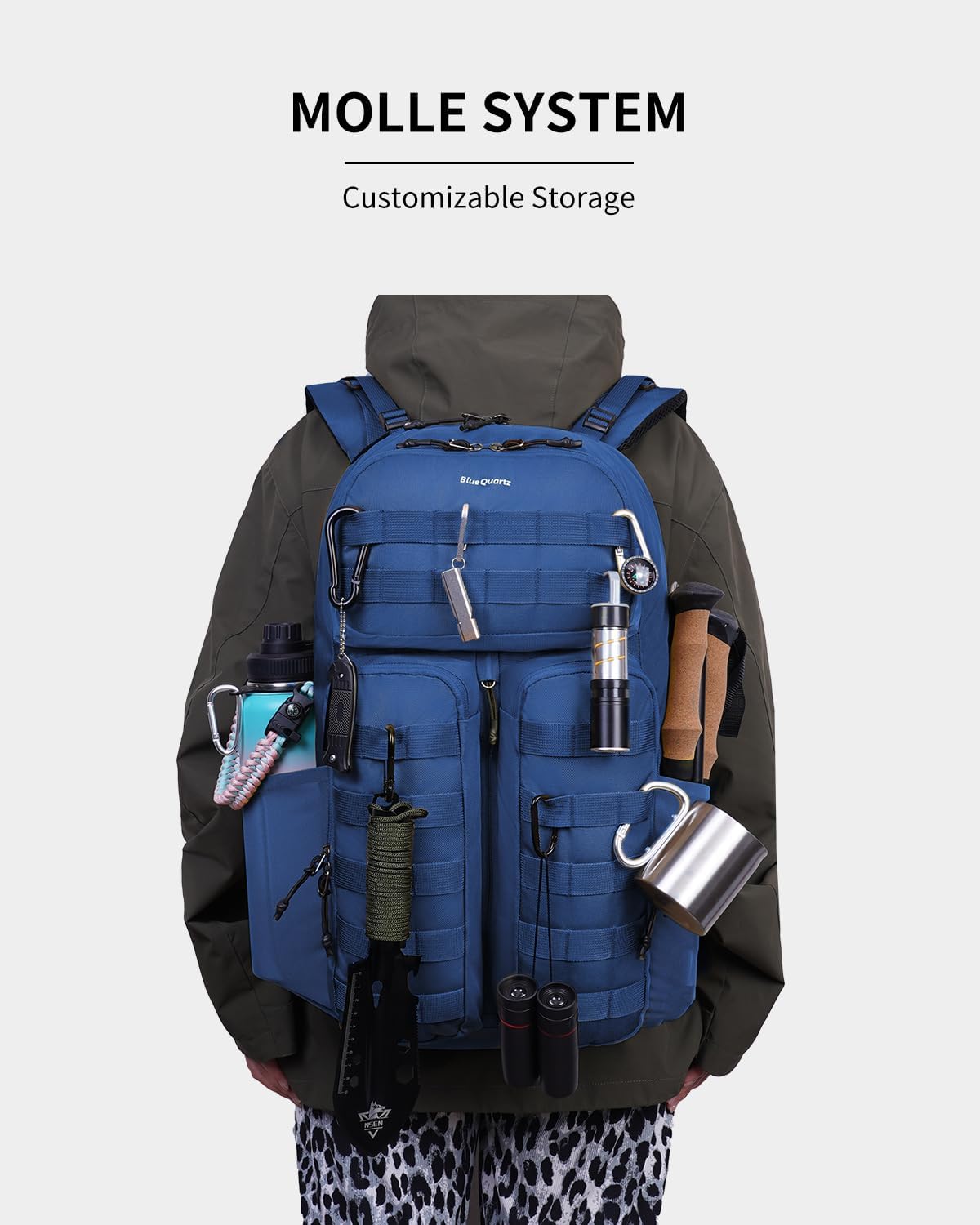 Blue Quartz 40L Military Tactical Backpack, Internal Frame Hiking Backpack with Molle System for Hiking Camping Backpacking Travelling Climbing Rucksack Daypack for Men Women