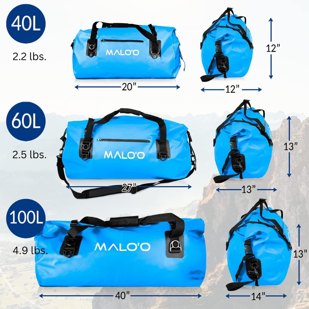 Malo’o Waterproof Dry Duffel, Heavy-Duty Roll Top Waterproof Gear Bag with Shoulder Strap & Molle Loops, Marine Duffel for Kayaking, Boating, Camping, Beach & Travel, Blue, 40L