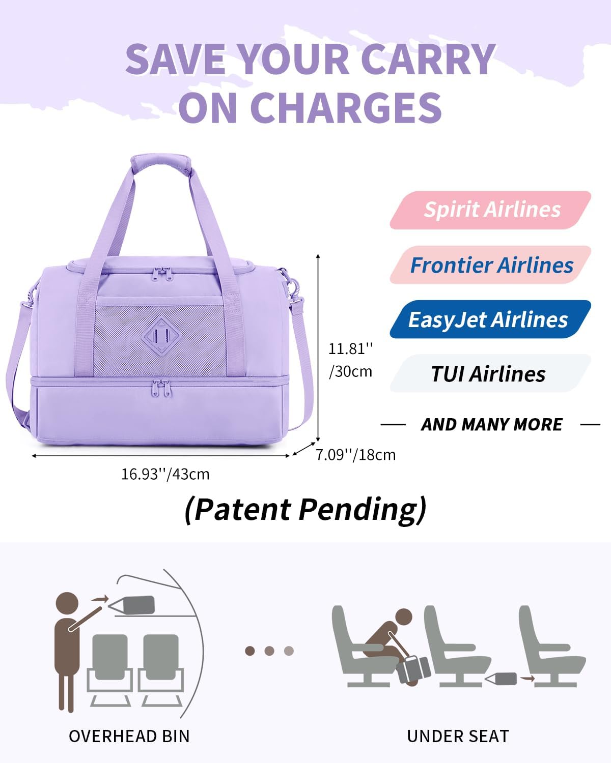 WANDF Travel Duffel Bag with Wet Pocket & Shoe Compartment, 18x14x8 Personal Item Bag with USB Charging Port, Water-Resistant Gym Weekender Overnight Carry-on for Women Men (Purple)