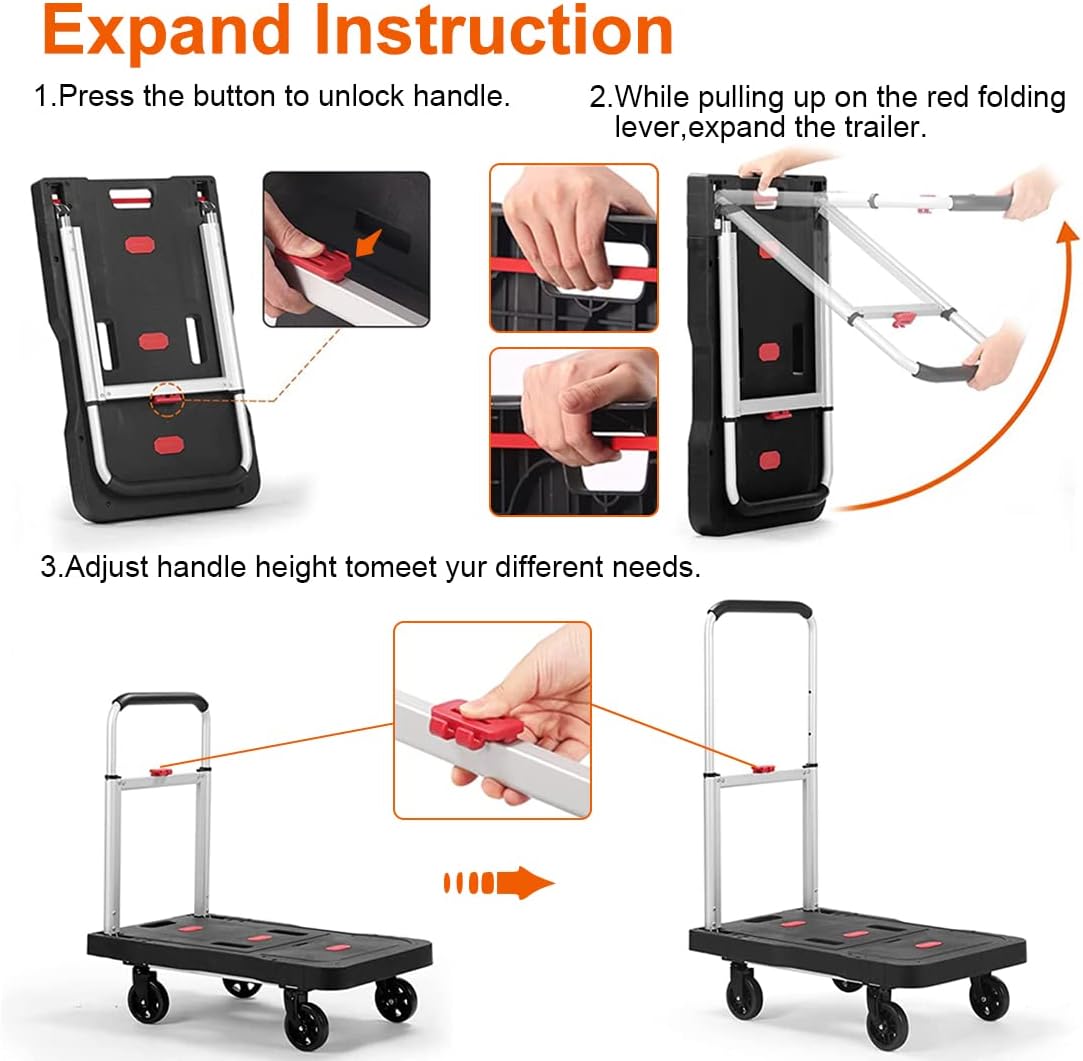 Folding Hand Truck Platform Truck 330 Lbs Heavy Duty Dolly Cart with Wheels, Fully Folded Push Cart, Portable Trolley Utility Cart for Easy Storage, Garage Moving Shopping Home Office