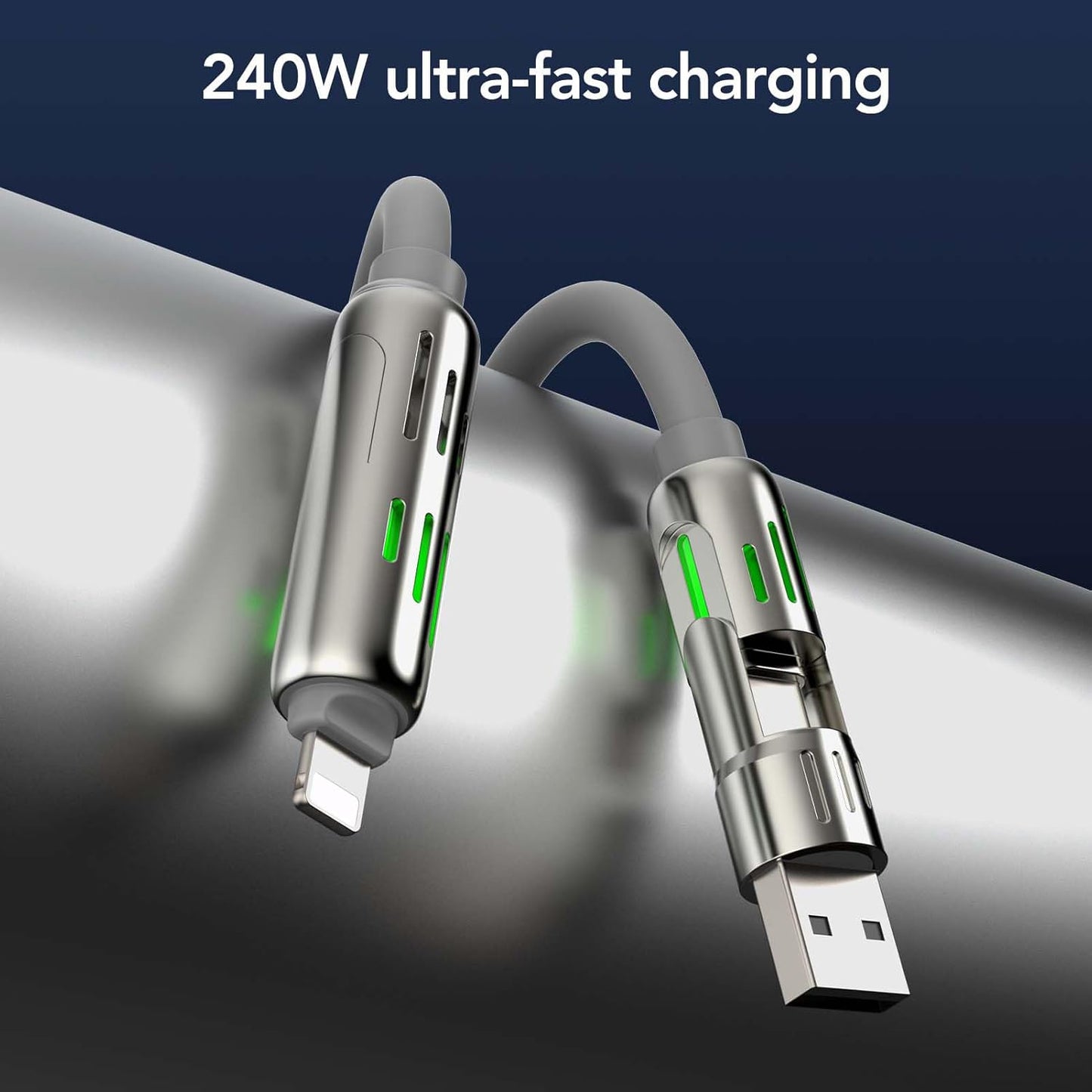 MFish 4-in-1 Universal USB Charging Cable with Carrying Case – 240W Max Fast Charger Cord, USB-A, Dual USB-C & Lighting, for iPhone 14/15/16/17 Series, iPad & MacBook and More(Grey, 6.6Ft)