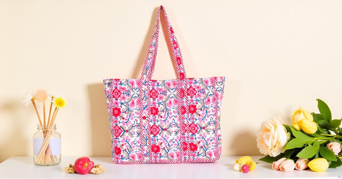 Floral Cotton Tote Bag for Women – Large Reusable Shoulder Bag for Shopping, Grocery, Beach, Travel & Everyday Use