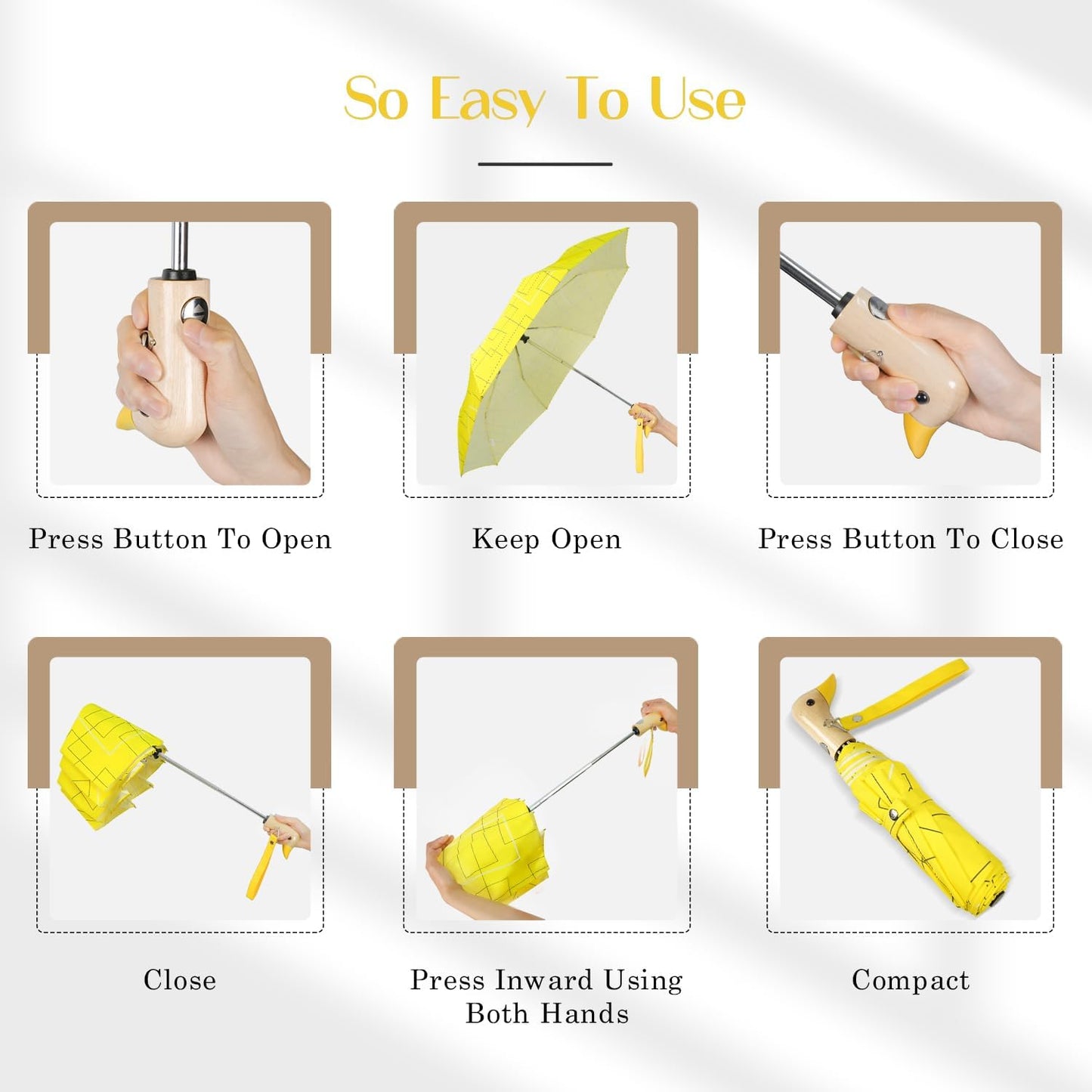 Cute Duck Umbrella Automatic - Compact Pretty Pocket Size Strong Duck Collapsible Umbrella Yellow Wooden Handle for Women