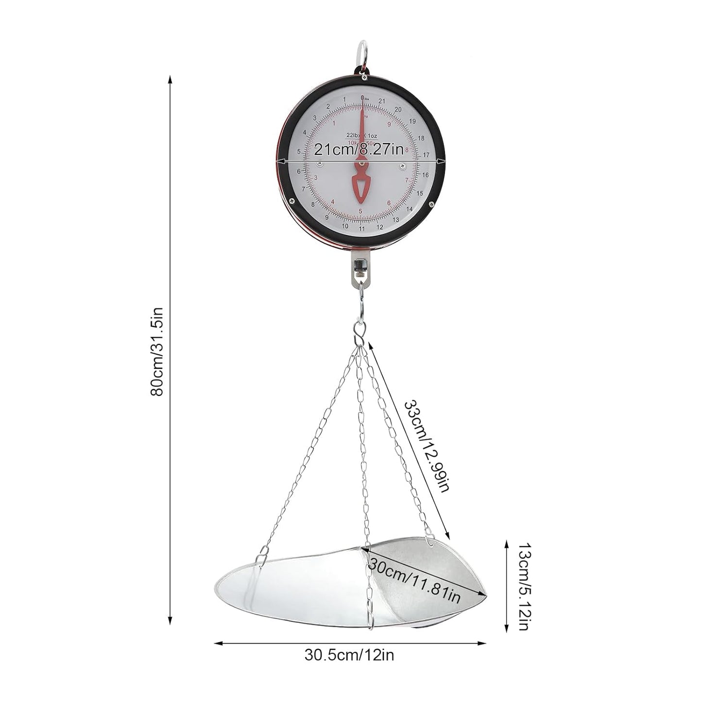Double-Sided Dial Hanging Scale 22LBS, Mechanical Hanging Scale with Scoop and Chain, Large Display Spring Dial Weight Scale, High Accuracy Weight Scale for Farm, Kitchen Food and Produce (Red)
