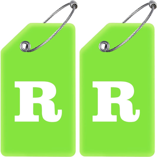 Gostwo 2 Pack Silicone Luggage Tags for Suitcases, 26 Initial Letter Baggage Labels Handbag School Bag Suitcase Instrument Tag with Stainless Steel Loop(Green)(Letter R)