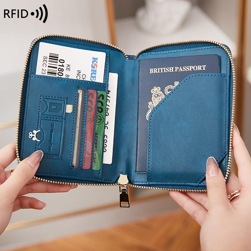 Genuine Leather Wallet Unisex Zipper Passport Holder RFID Blocking Waterproof - Vintage Travel Wallet (Peacock Blue)