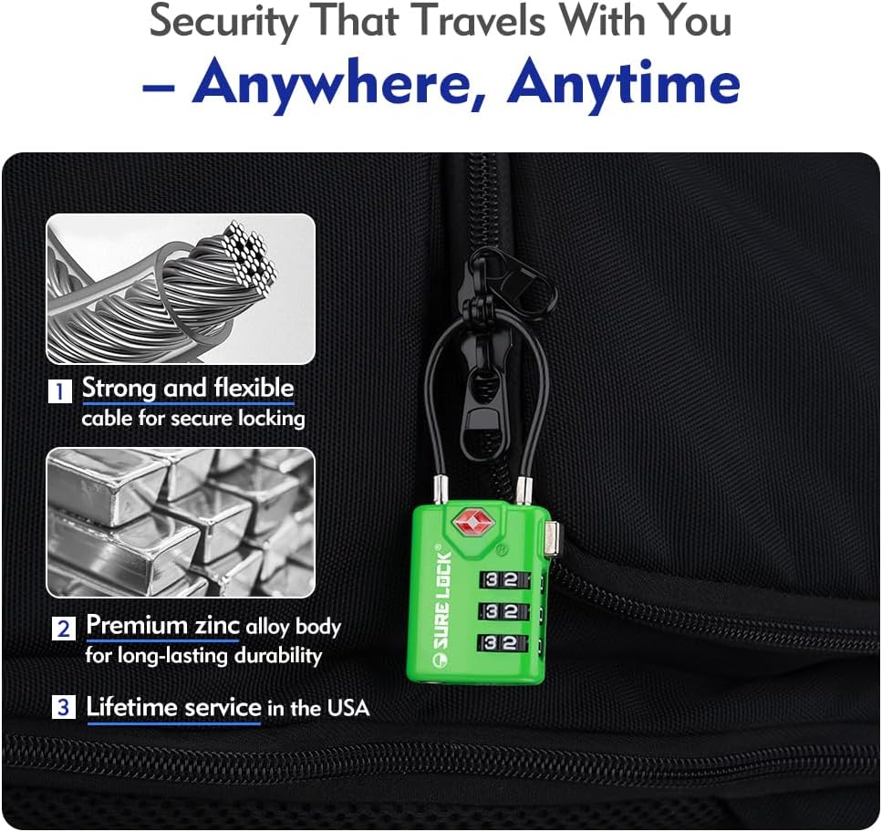SURE LOCK TSA Compatible Travel Luggage Locks, Inspection Indicator, Easy Read Dials TSA Approved