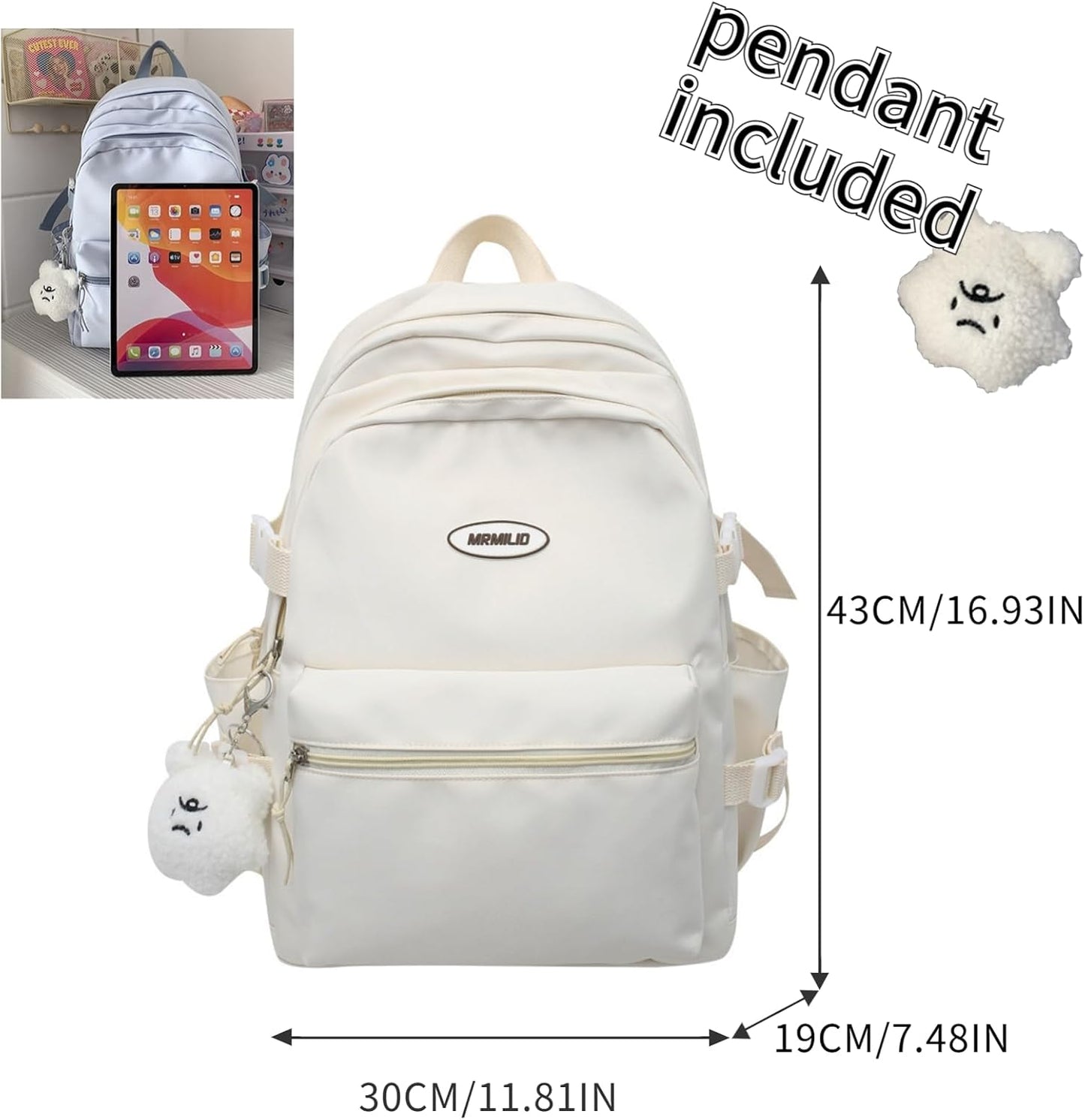 Kawaii Backpack with Cute Accessories Casual Aesthetic Daypack Simple Laptop Bag Waterproof Travel