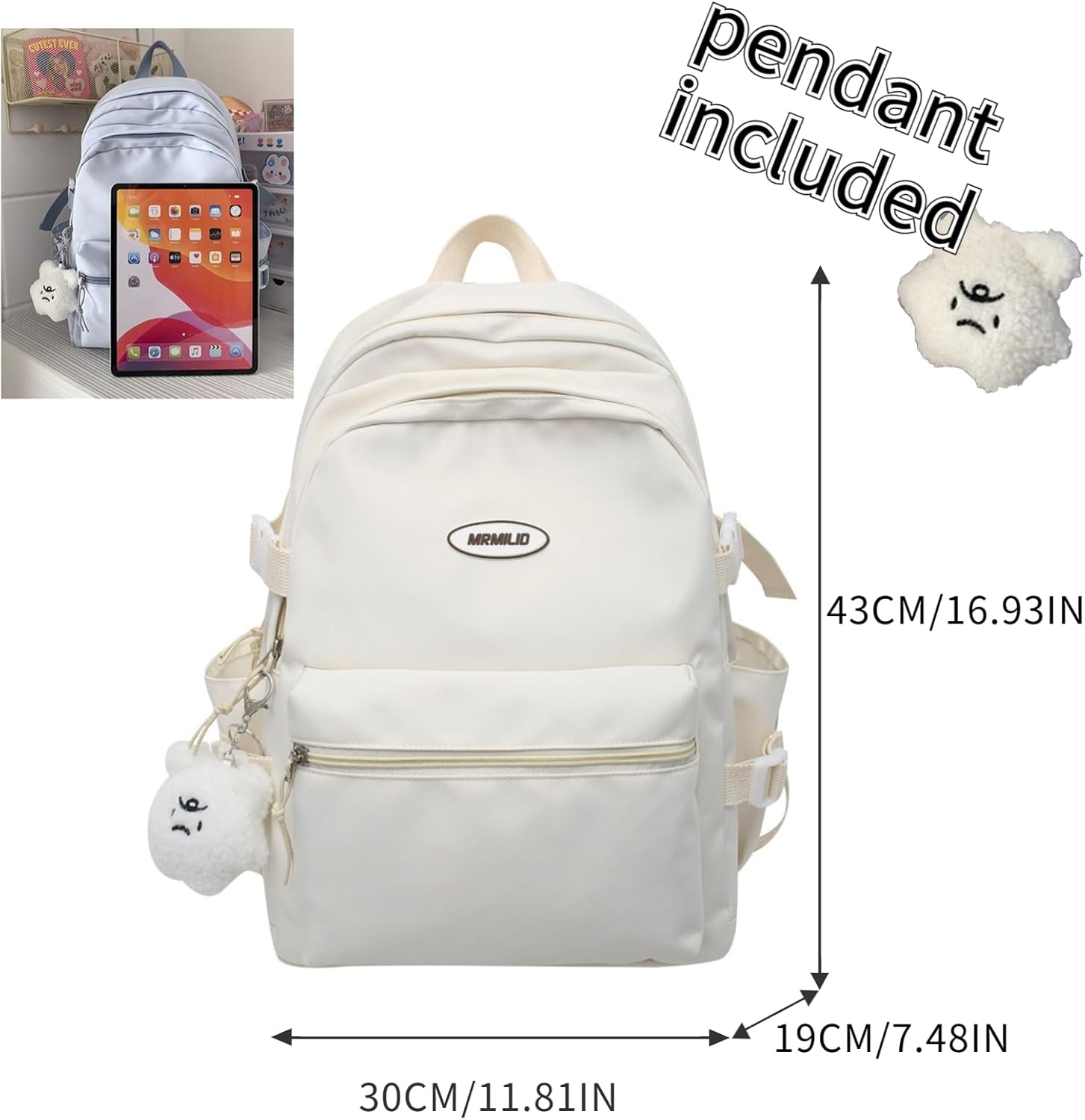 Kawaii Backpack with Cute Accessories Casual Aesthetic Daypack Simple Laptop Bag Waterproof Travel