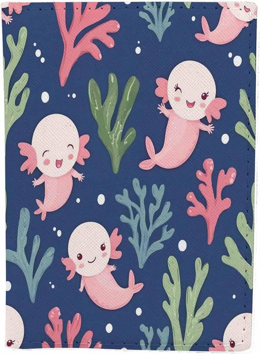 Axolotl Passport Holder for Travel Corals and Sea Weed Kawaii PU Leather Passport Cover Wallet Cute Passport Card Holder for Women and Men