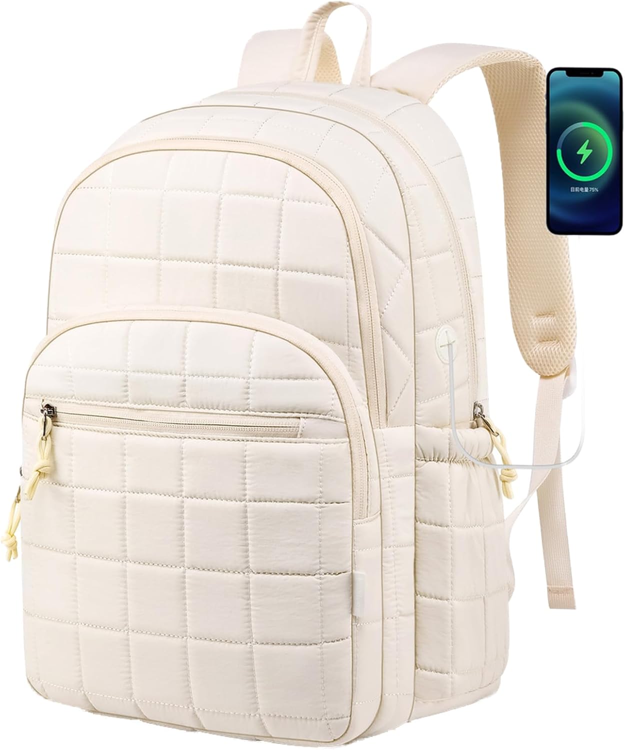 Laptop Backpack for Women College Travel,Quilted Daypack Bookbag for School Teen Girls Mochilas Mujer,Beige