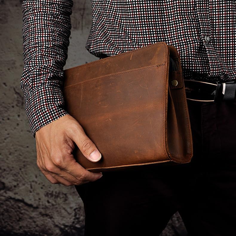 Vintage Crazy Horse Leather Business Briefcase - Under Arm Clutch Bag with Tablet Case & Organizer