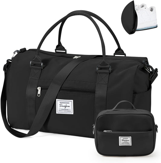 Gym Bag for Women with Shoes Compartment Small Duffel Bag Sport bag with Toiletry Bag Overnight Travel Tote Bags Weekender Carry on Personal Item Bags for Airlines Black