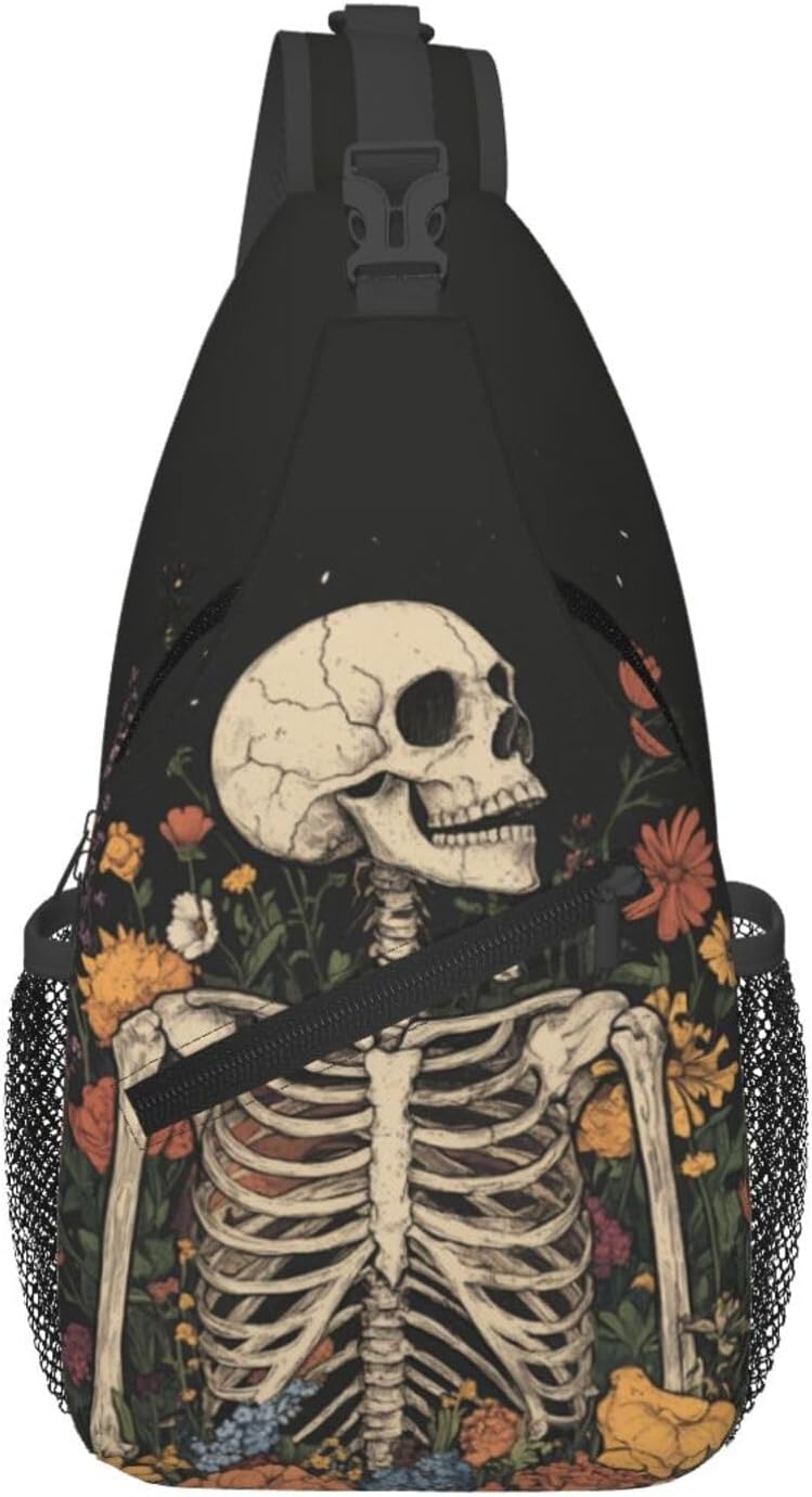 SUPLUCHOM Sling Bag Skeleton Flower Skull Vintage Hiking Daypack Crossbody Shoulder Backpack Travel Chest Pack for Men Women