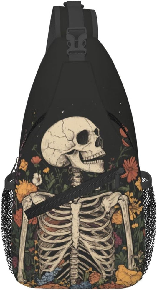 SUPLUCHOM Sling Bag Skeleton Flower Skull Vintage Hiking Daypack Crossbody Shoulder Backpack Travel Chest Pack for Men Women