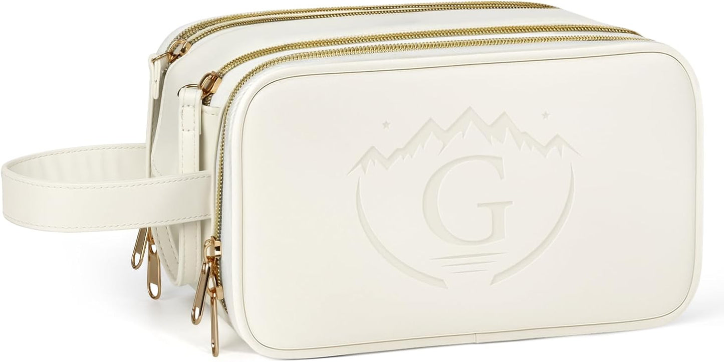 Travel Toiletry Bag for Women,Toiletry Bags for Traveling Womens Leather,Compartments Make up Bags for Women,Cosmetic pouch Organizer,White- G