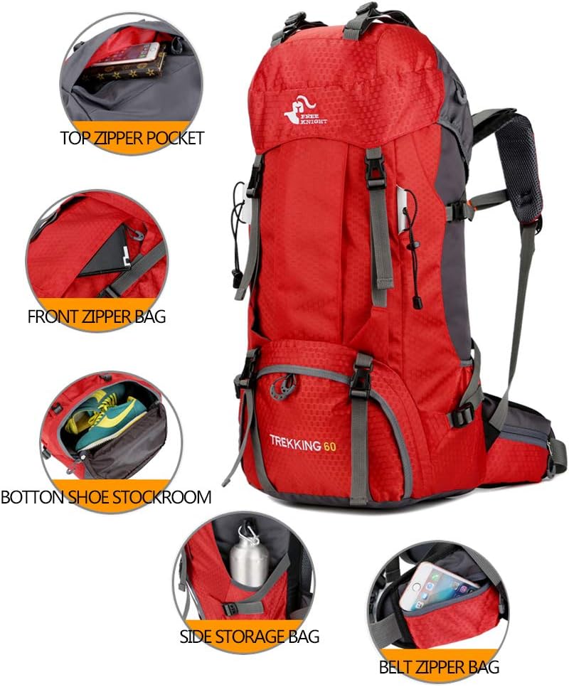 Bseash 60L Waterproof Hiking Camping Backpack with Rain Cover, Large Outdoor Sport Travel Daypack Rucksack for Climbing