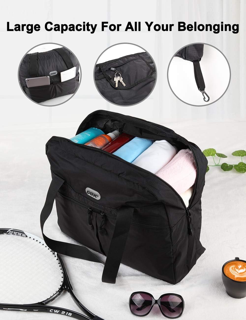 GOX Large Foldable Travel Duffel Bag Packable Tote Bag Reusable Shopping Bag Portable Grocery Bag(Black)