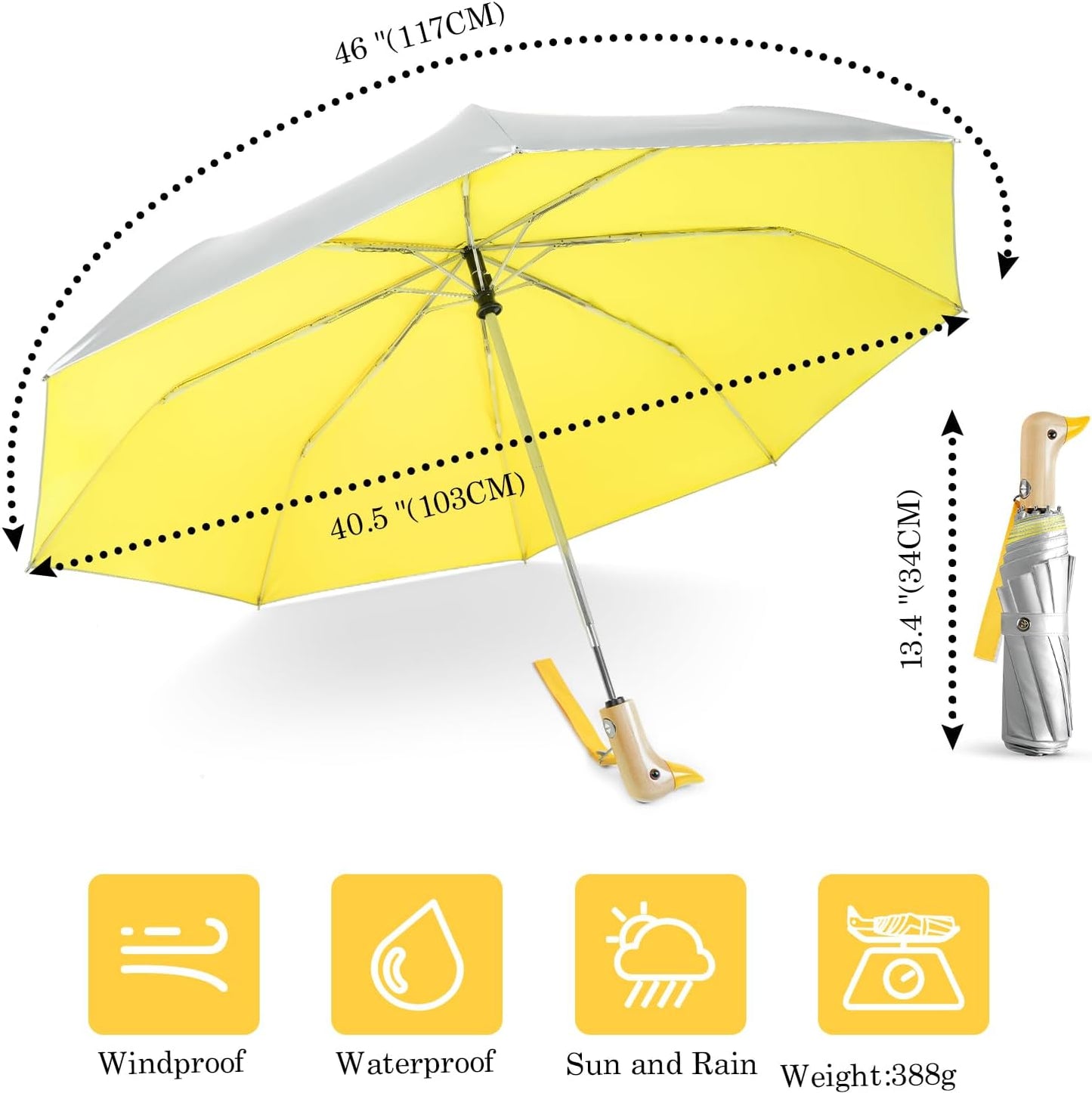 Cute Duck Umbrella Automatic - Compact Pretty Pocket Size Strong Duck Collapsible Umbrella Yellow Wooden Handle for Women