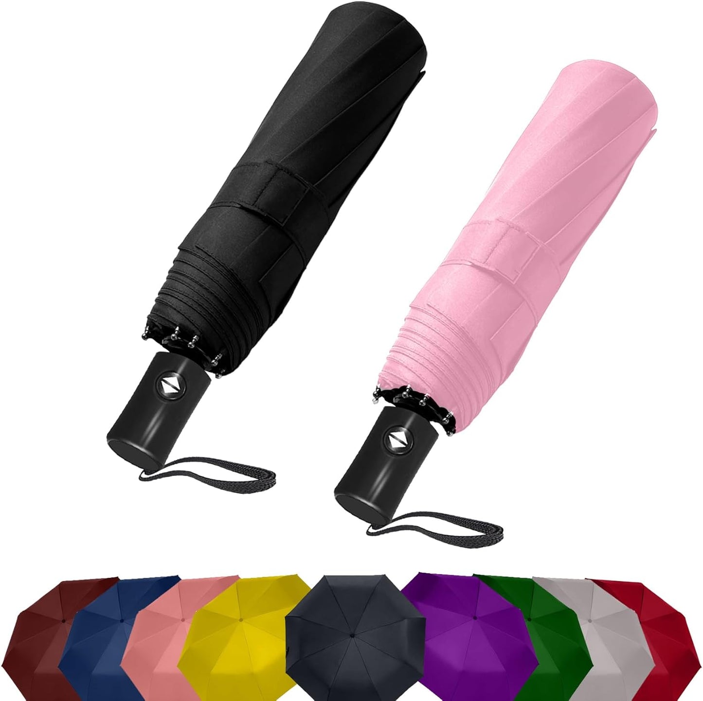 SIEPASA Two Packs Auto Open & Close Small Travel Umbrella Compact for Backpack-Umbrellas for Rain, Windproof Lightweight Strong Mini Portable Umbrellas for Men and Women.(Black & Pink, 2 Pack)
