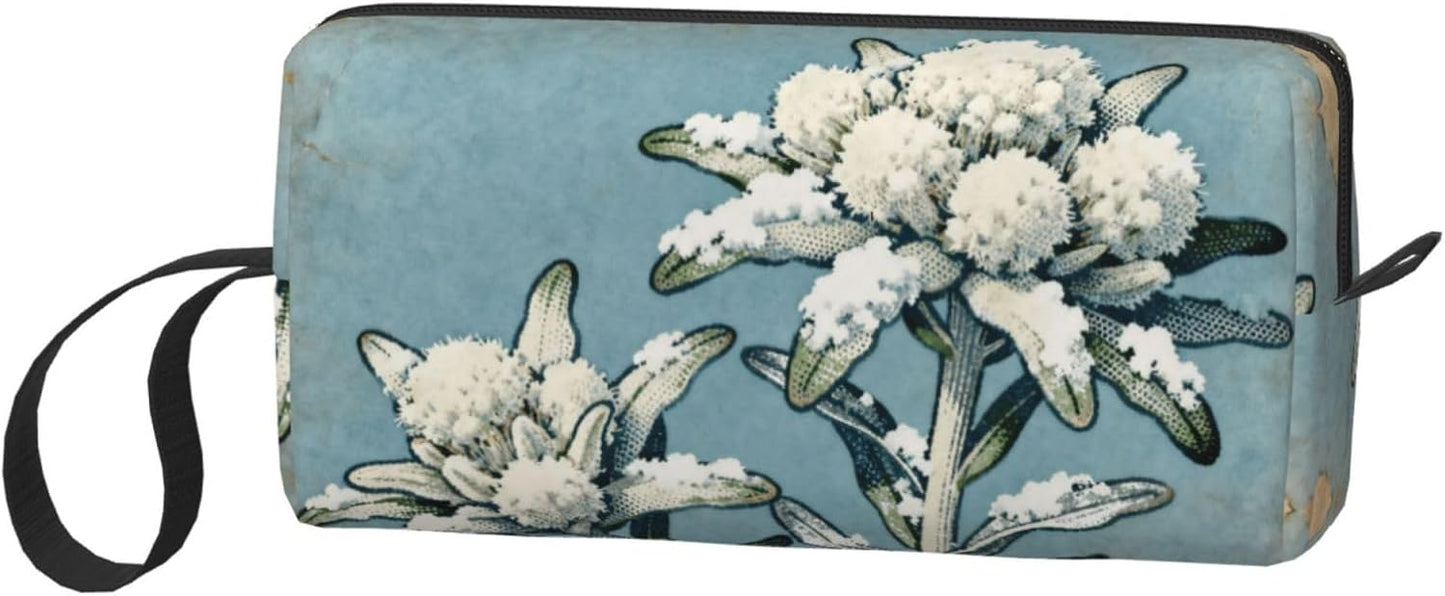 Edelweiss Light Blue Makeup Bag Organizer Compact & Durable Vintage Flower Travel Cosmetic Bag Oxford Fabric Impact-Resistant Multi-Purpose Storage Perfect for Travel, Gym, Daily Use