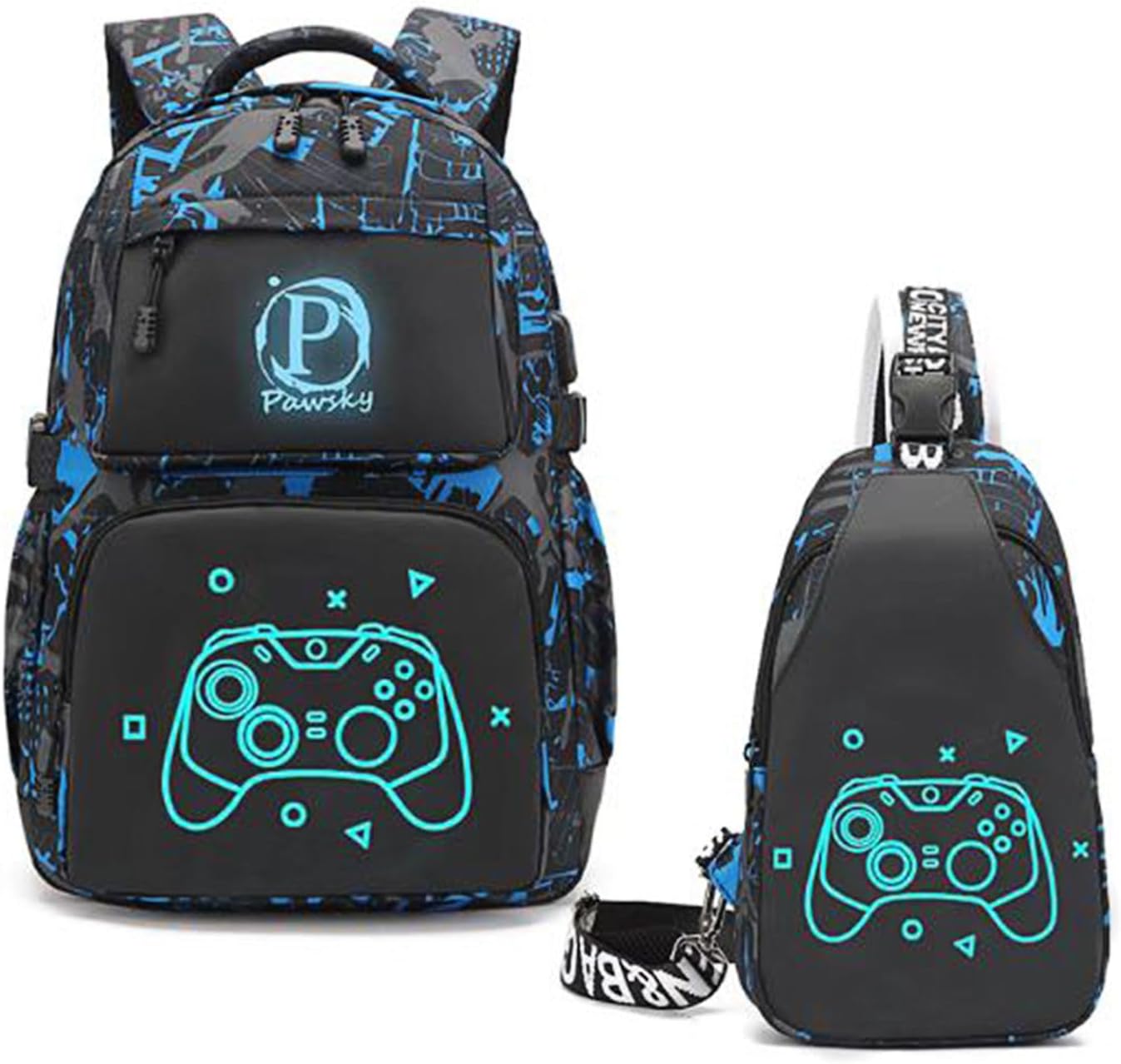 Anime Luminous Backpack School Backpack with USB Charging Port for Teen Boys, College School Bookbag Lightweight Laptop Bag with Sling Bag Set, Blue