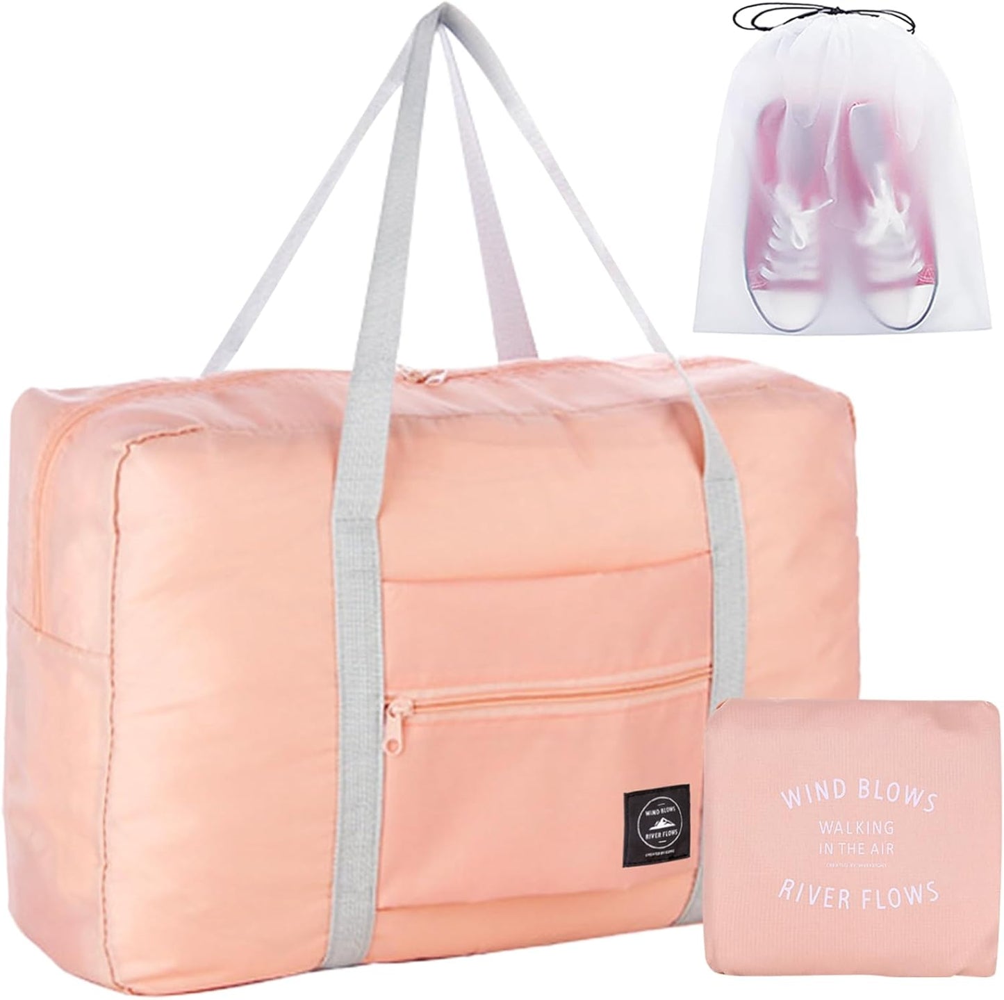Travel Duffle Bag Tote Carry on Bag Nylon Lightweight Foldable Travel Bag Water Resistant Sports Gym Duffle Weekender Overnight Bag (Pink+Pe bag)