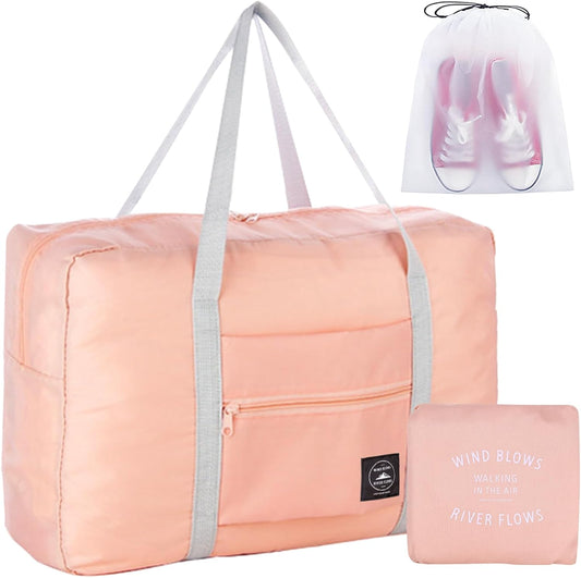 Travel Duffle Bag Tote Carry on Bag Nylon Lightweight Foldable Travel Bag Water Resistant Sports Gym Duffle Weekender Overnight Bag (Pink+Pe bag)