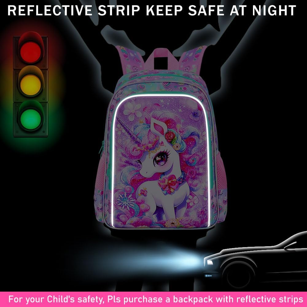 3PCS Unicorn Backpack for Girls, Water Resistant Kids Bookbag Set with Lunch Box，Cute Elementary School Bag for Preschool Toddler