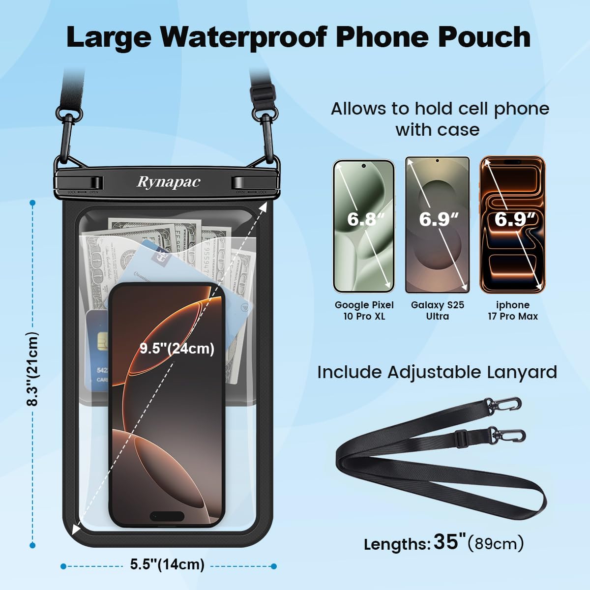 Rynapac Large Waterproof Phone Pouch [Up to 10"] - 2 Pack IPX8 Waterproof Phone Case for iPhone 17