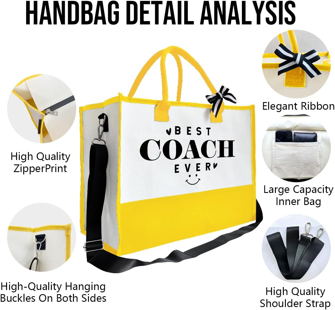 SUSZDOU Gifts for Best Coach Ever - Canvas Beach Tote Bag with Matching Makeup Pouch, Durable Travel Gym Camping Bag, Thank You Gift for Sports Coach, Female Trainers Gifts for Women D1
