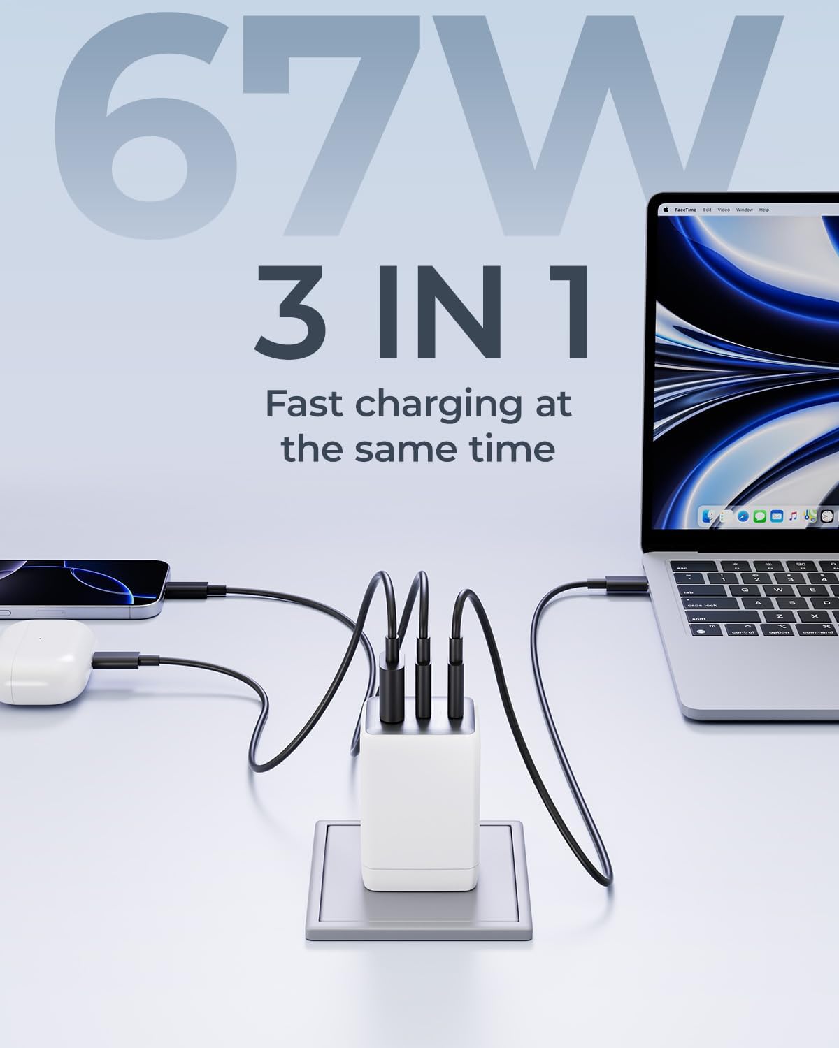67W USB C Charger, 3-Port GaN Fast Charging Block with Foldable Plug, Compatible with MacBook