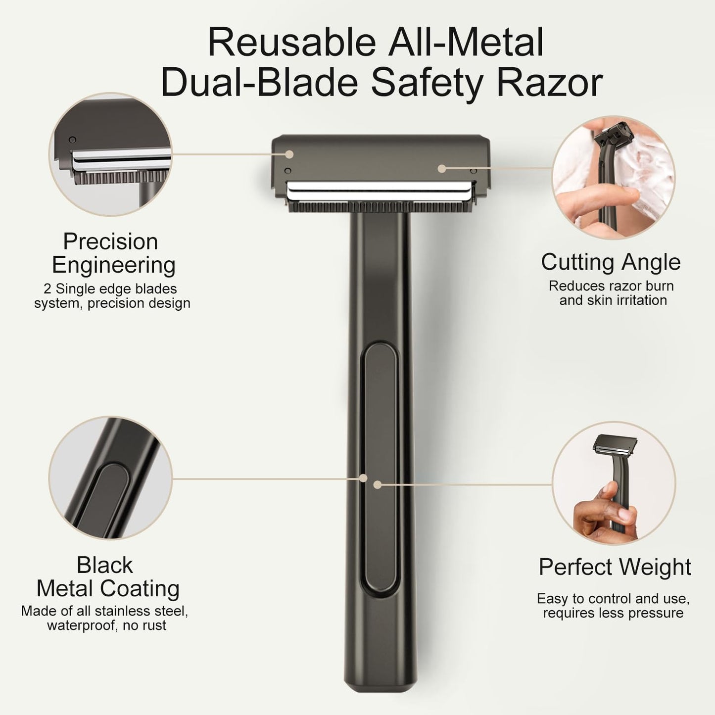 Razors for Men, Dual-Blade Safety Razor with Pivoting Head, Reusable Metal Shaving Razor, with 10 Double Edge Blades, Smooth Close Shave, Matte Black