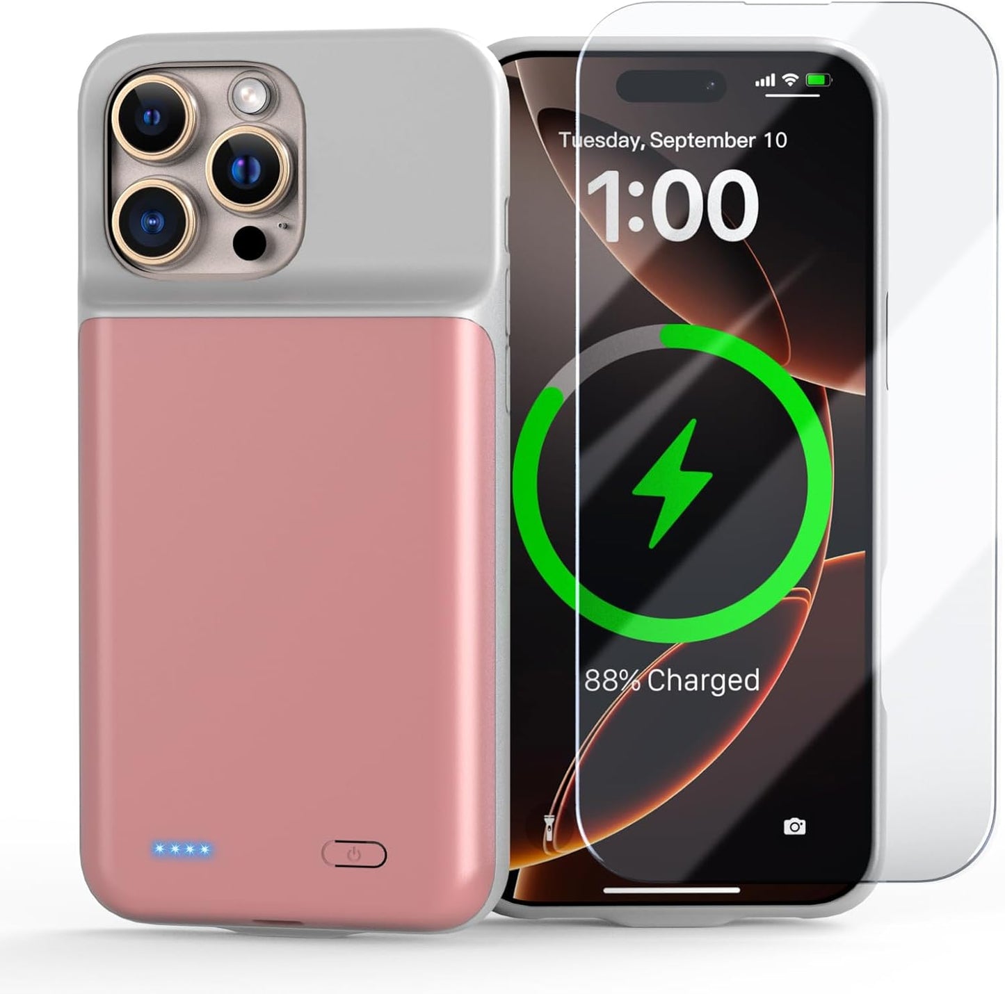 Battery Case for iPhone 16 Pro Max, Ultra-Slim 7000mAh Portable Extended Charging Charger Case [2025 Upgraded] w/Tempered Glass Film for iPhone 16 Pro Max-6.9 inch,Pink