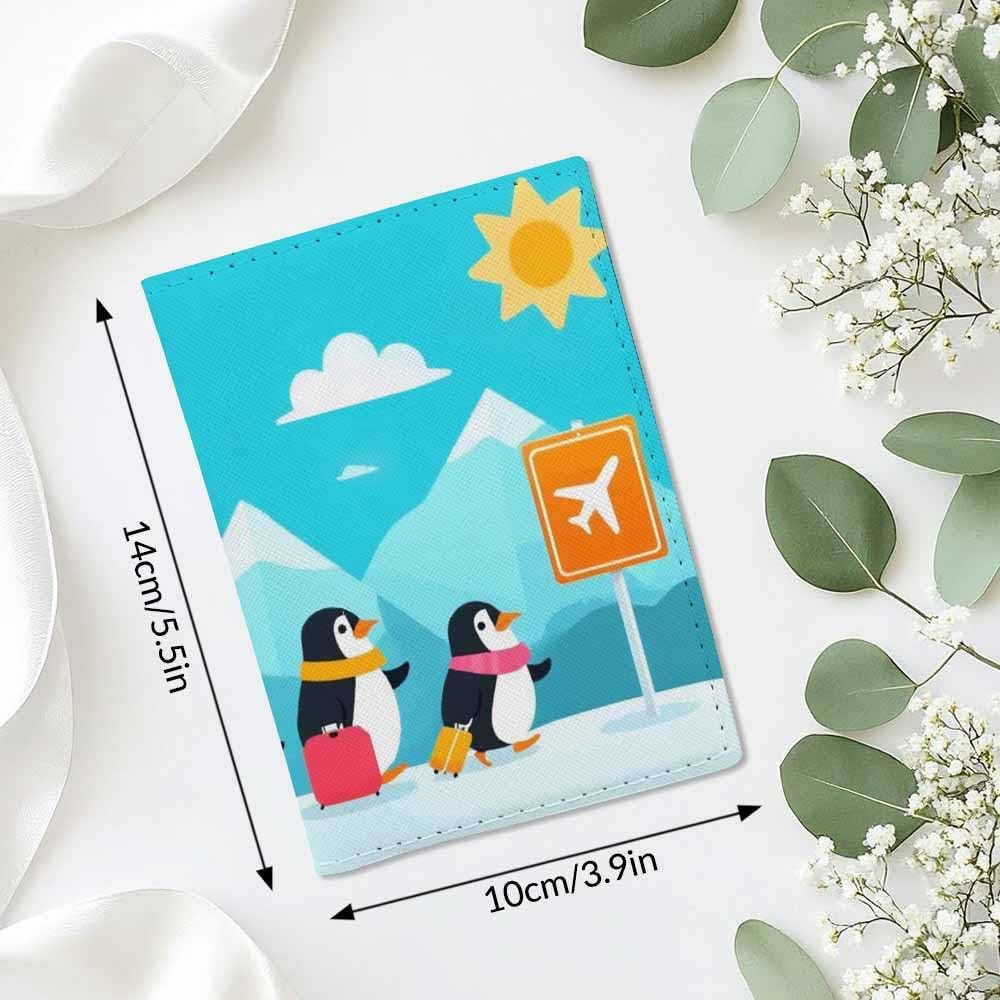 Penguin Passport Holder for Travel Penguin Family Happy Travel PU Leather Passport Cover Wallet Cute Passport Card Holder for Women and Men