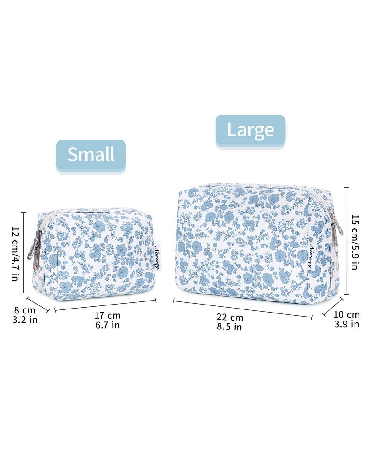 Narwey Cute Floral Makeup Bag Travel Cosmetic Bag Organizer Toiletry Bag Make Up Bags with Organized Pocket for Women Girls (Large, Little Blue Flower)