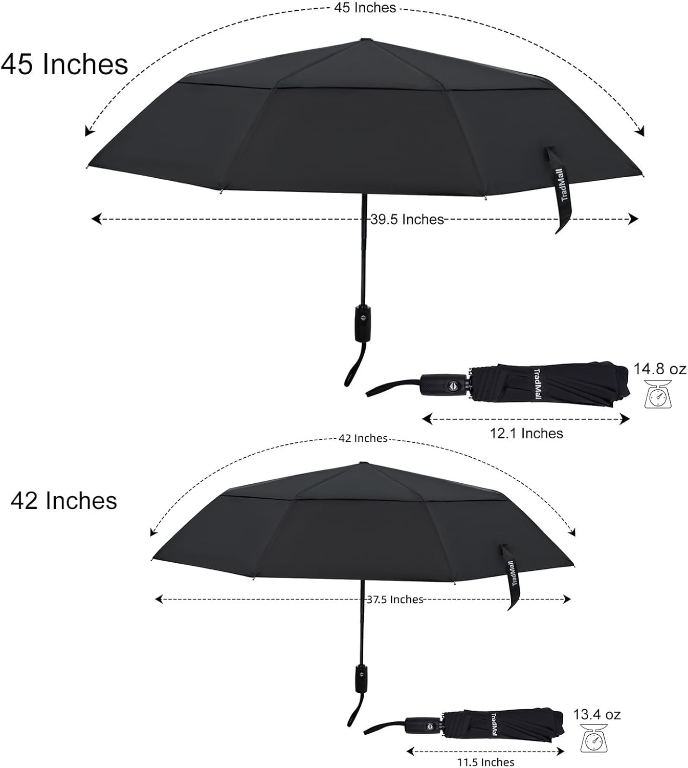 TradMall Travel Umbrella, 42/45 Inches Double Vented Canopy Windproof Automatic Strong Compact
