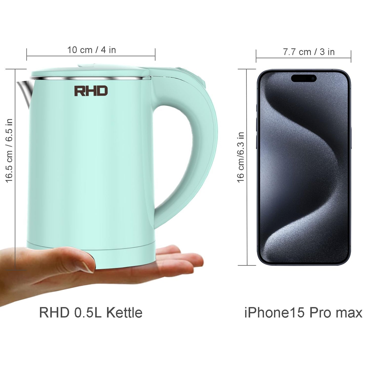 RHD 0.5L Small Portable Electric Kettle, 600W Stainless Steel Travel Kettle