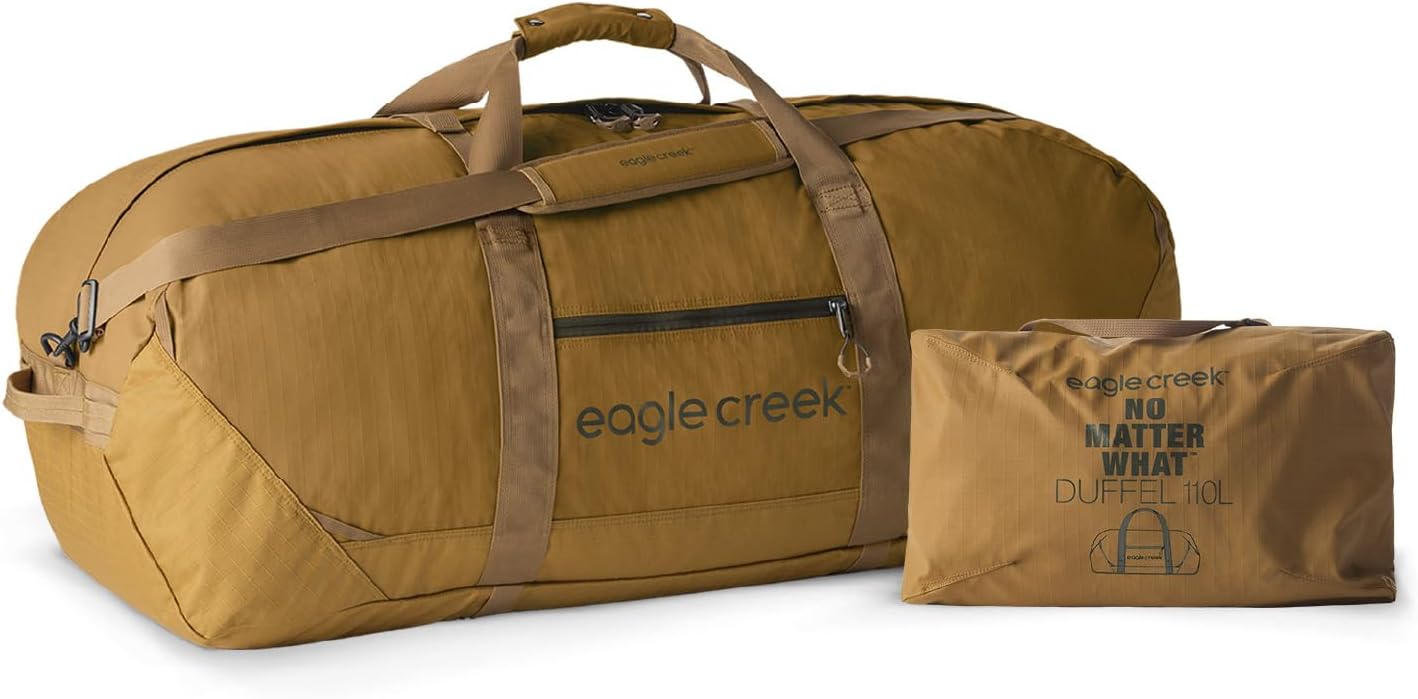 Eagle Creek No Matter What Duffel Bag - Eco Friendly Duffel for Sustainable Travel - Adjustable Shoulder Strap - Multiple Carry Options - Easy to Store - Safari Brown - 110L