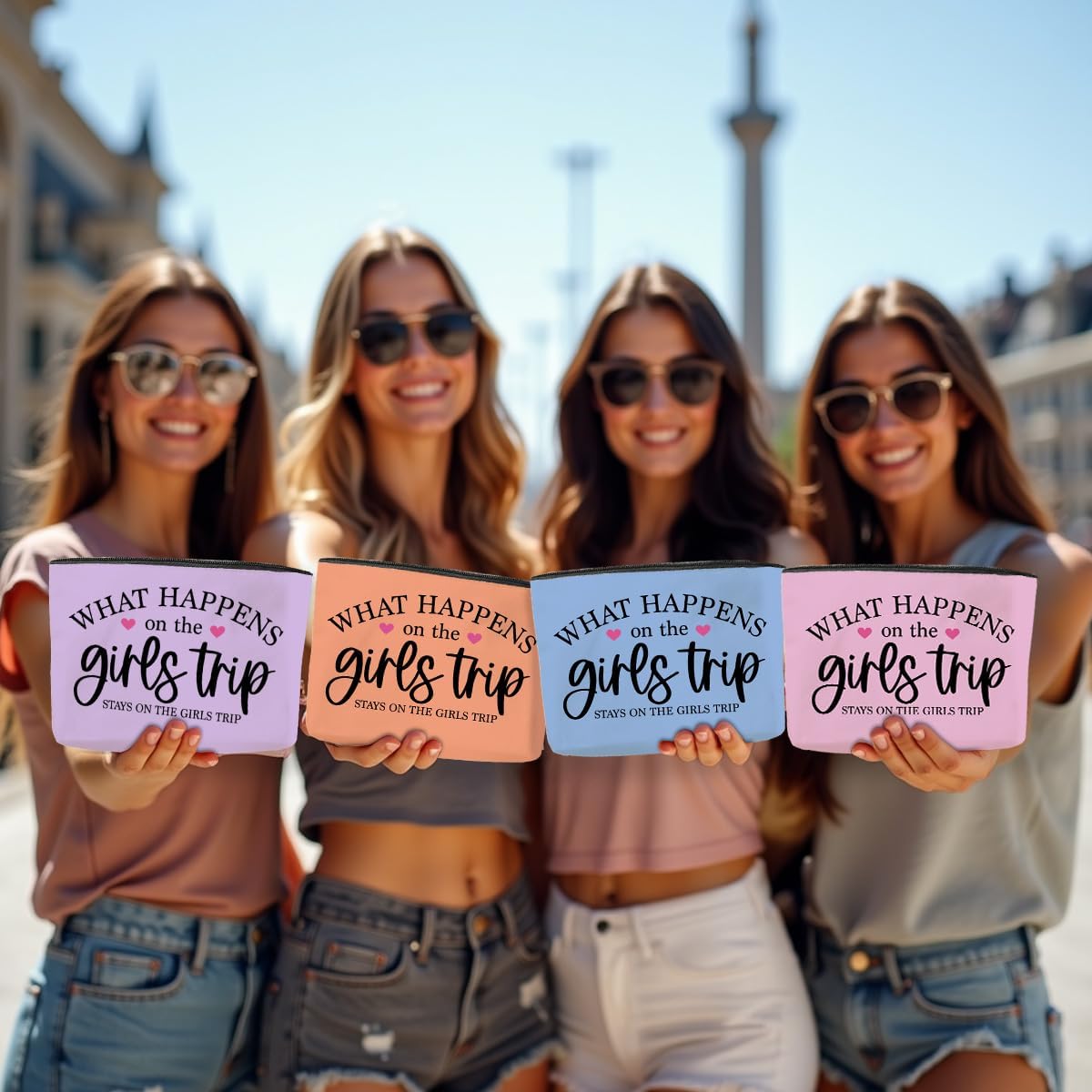 4PCS Girls Trip Cosmetic Bags - Waterproof, Durable Canvas - Perfect for Travel, Gifts for Women - Adults - Fashion Pattern - 9.8x7.2x2 inches